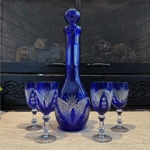 Vintage Bohemian Cobalt Bluegrass and Clear Decanter and 4 Cordial glasses